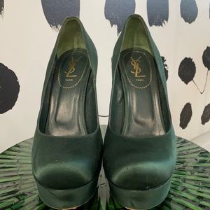 YSL HUNTER GREEN SATIN VINTAGE PLATFORM PUMPS SZ 10.5